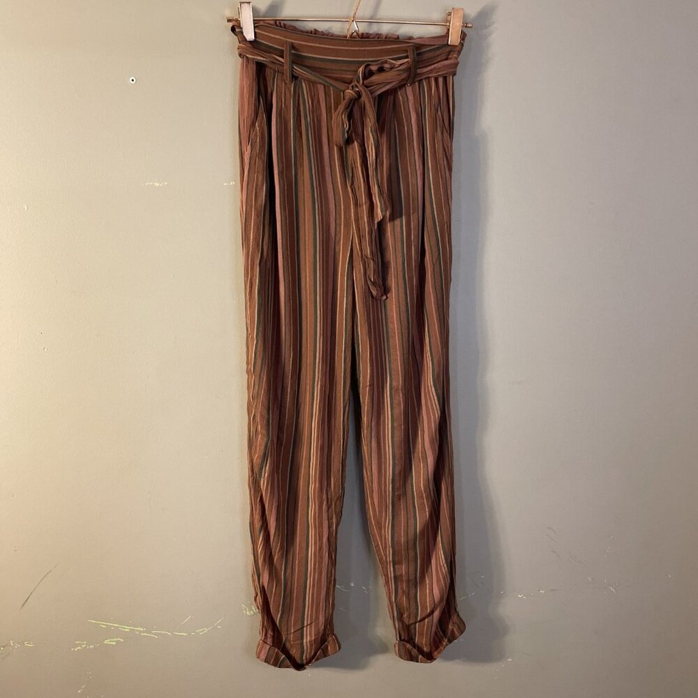 American Eagle Women’s Lined  Paperbag Pants S Red Striped Linen Blend Cropped